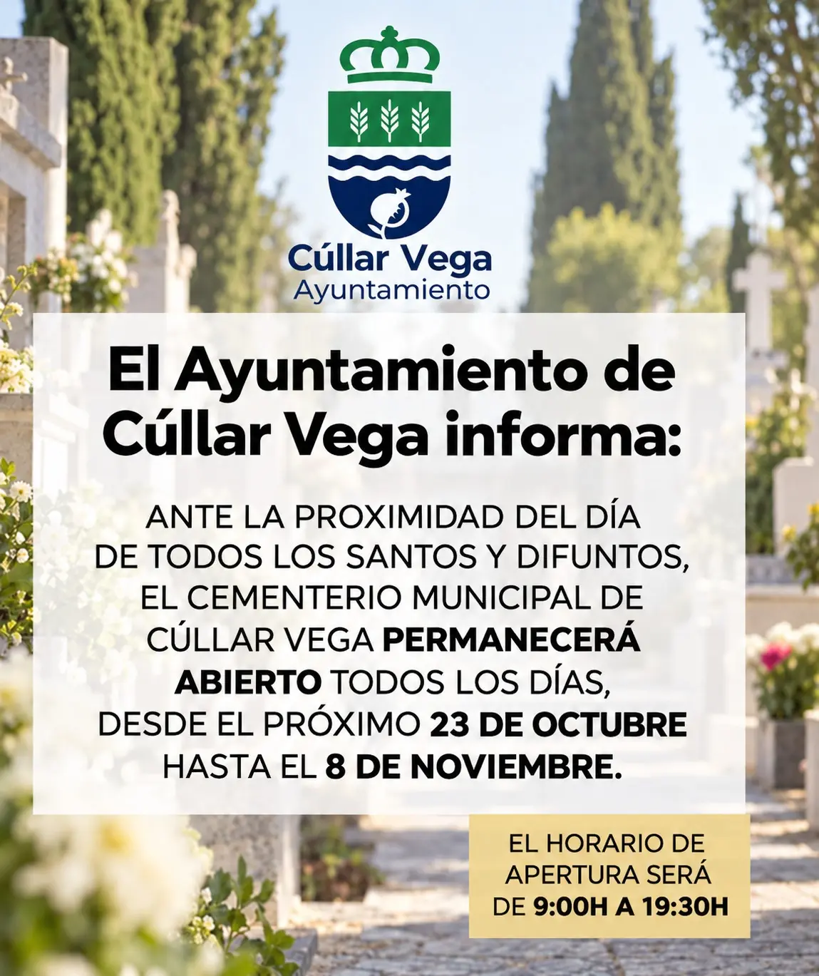El camposanto de Cúllar Vega abrirá a diario hasta el 8 de noviembre