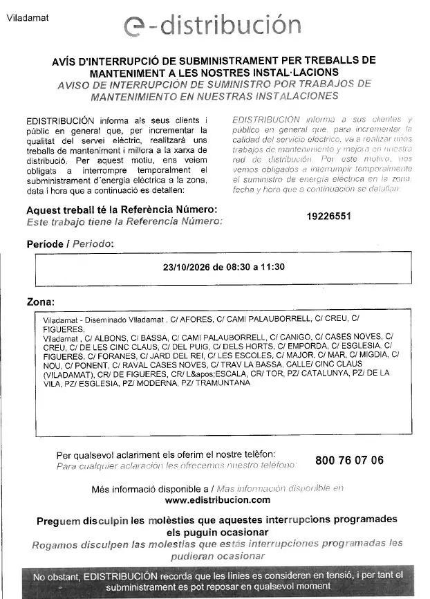 Viladamat avisa de un corte eléctrico previsto para el 23 de octubre