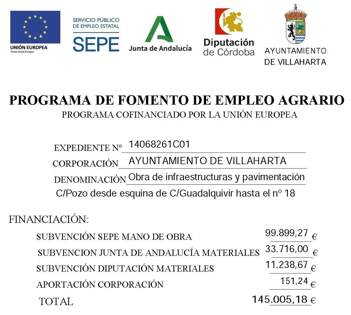 Villaharta comunica la recepción de una ayuda del PFEA 2026