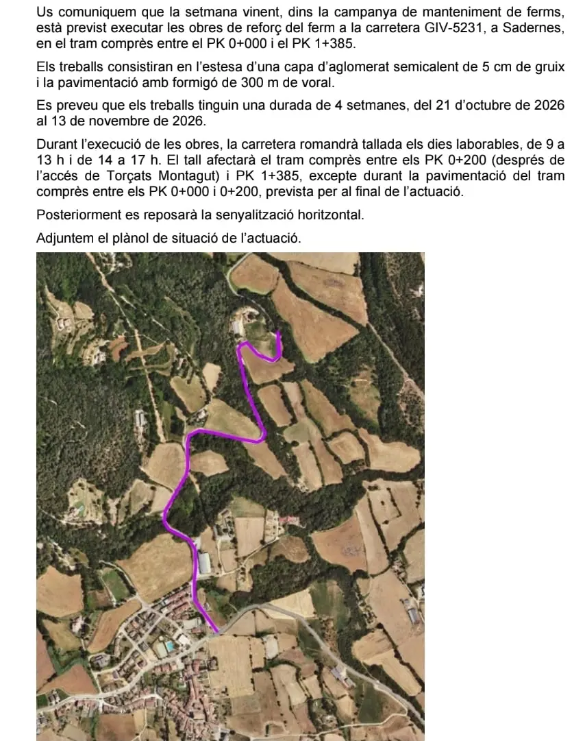 Cierre de un tramo de la GIV-5231 en Sadernes por trabajos en el firme
