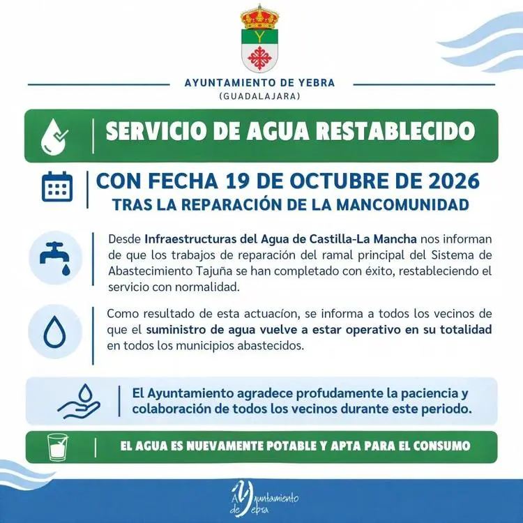 Yebra informa de la recuperación del servicio de agua