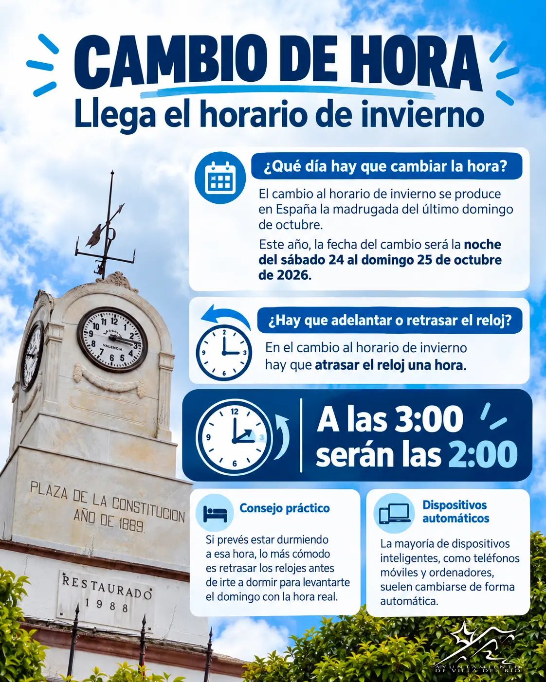 Villa del Río recuerda que el horario de invierno llega el 25 de octubre