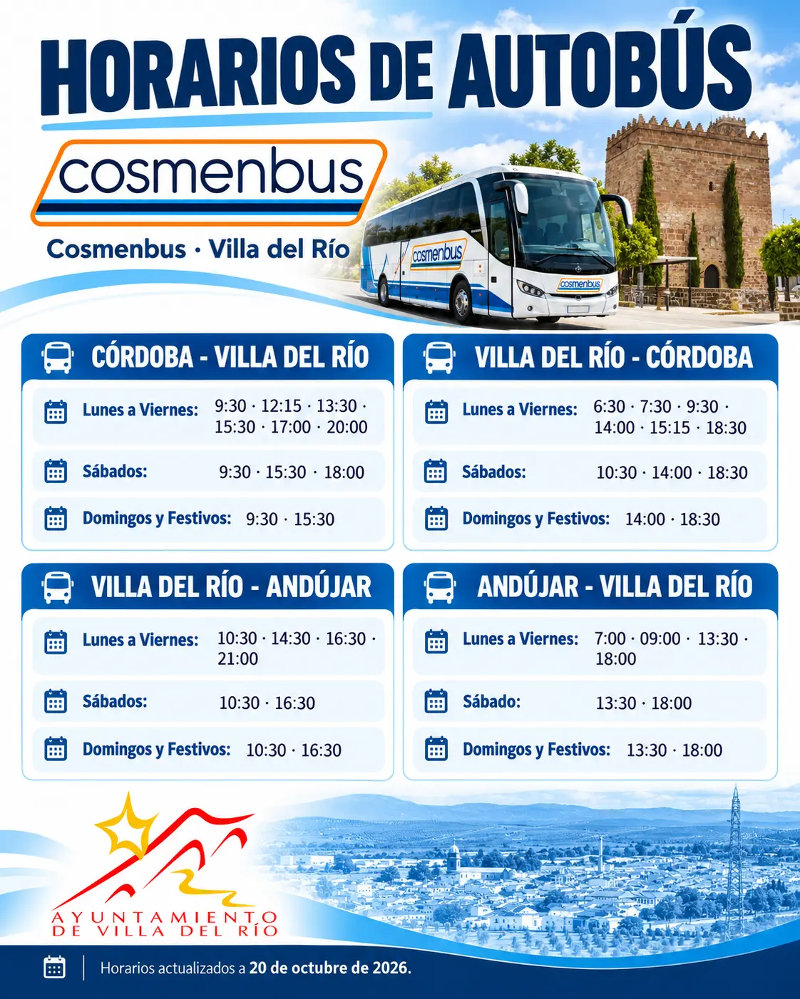 Villa del Río comunica cambios en los horarios de sus autobuses interurbanos