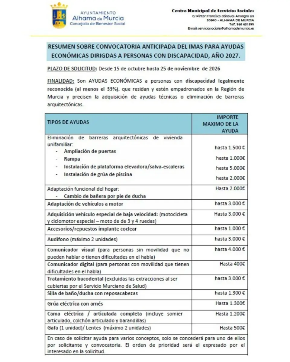 Alhama abre la solicitud de ayudas para mayores y personas con discapacidad