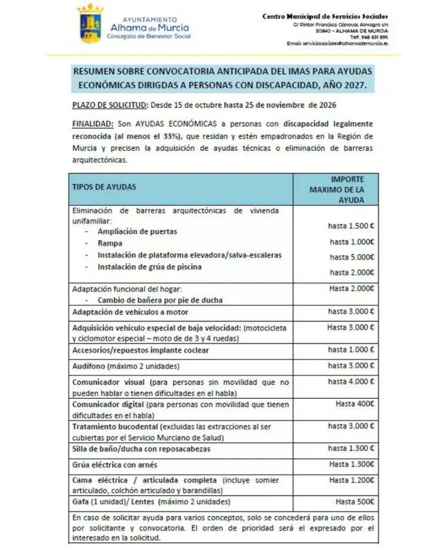 Alhama abre la solicitud de ayudas para mayores y personas con discapacidad