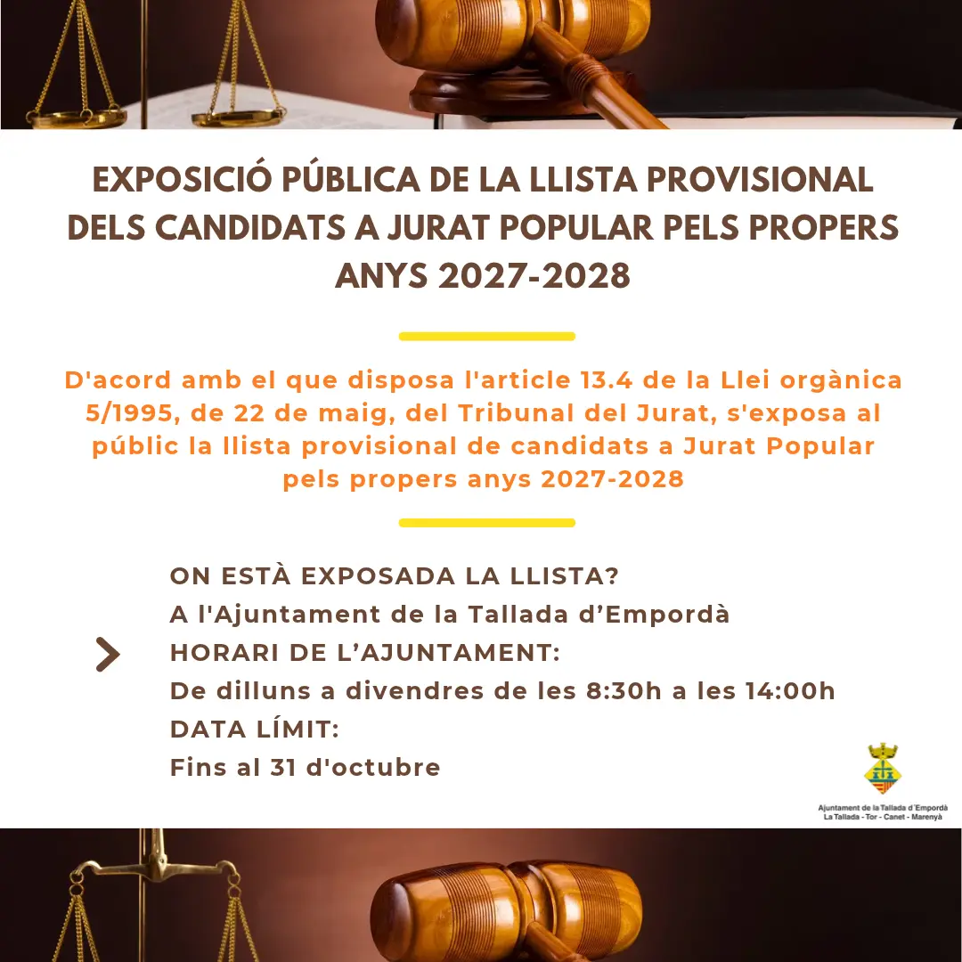 La Tallada expone la lista provisional de candidatos a jurado popular para 2027 y 2028