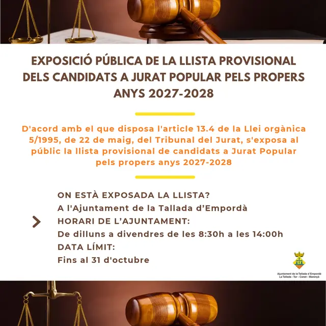 La Tallada expone la lista provisional de candidatos a jurado popular para 2027 y 2028