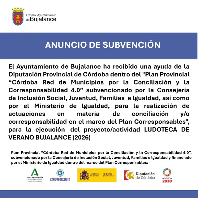 Bujalance recibe una ayuda para la ludoteca del verano de 2026