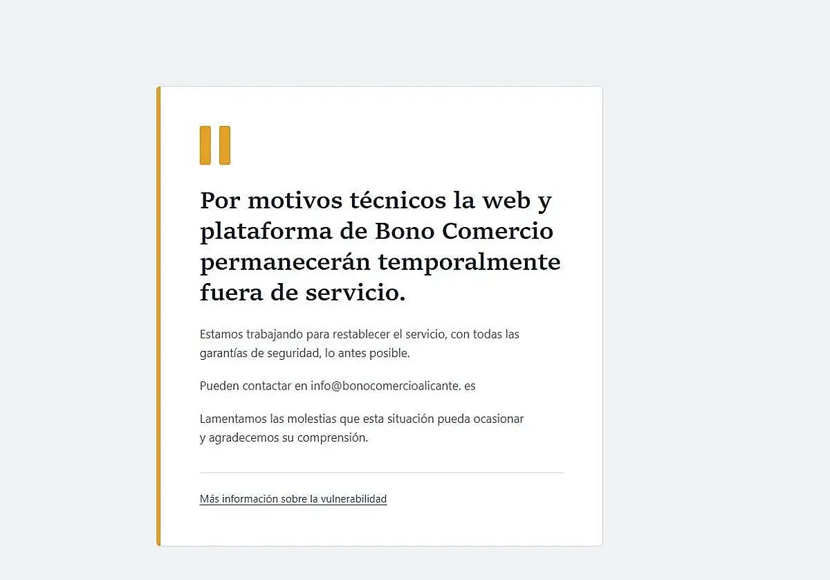 Alicante suspende el acceso web al Bono Comercio por una incidencia de seguridad