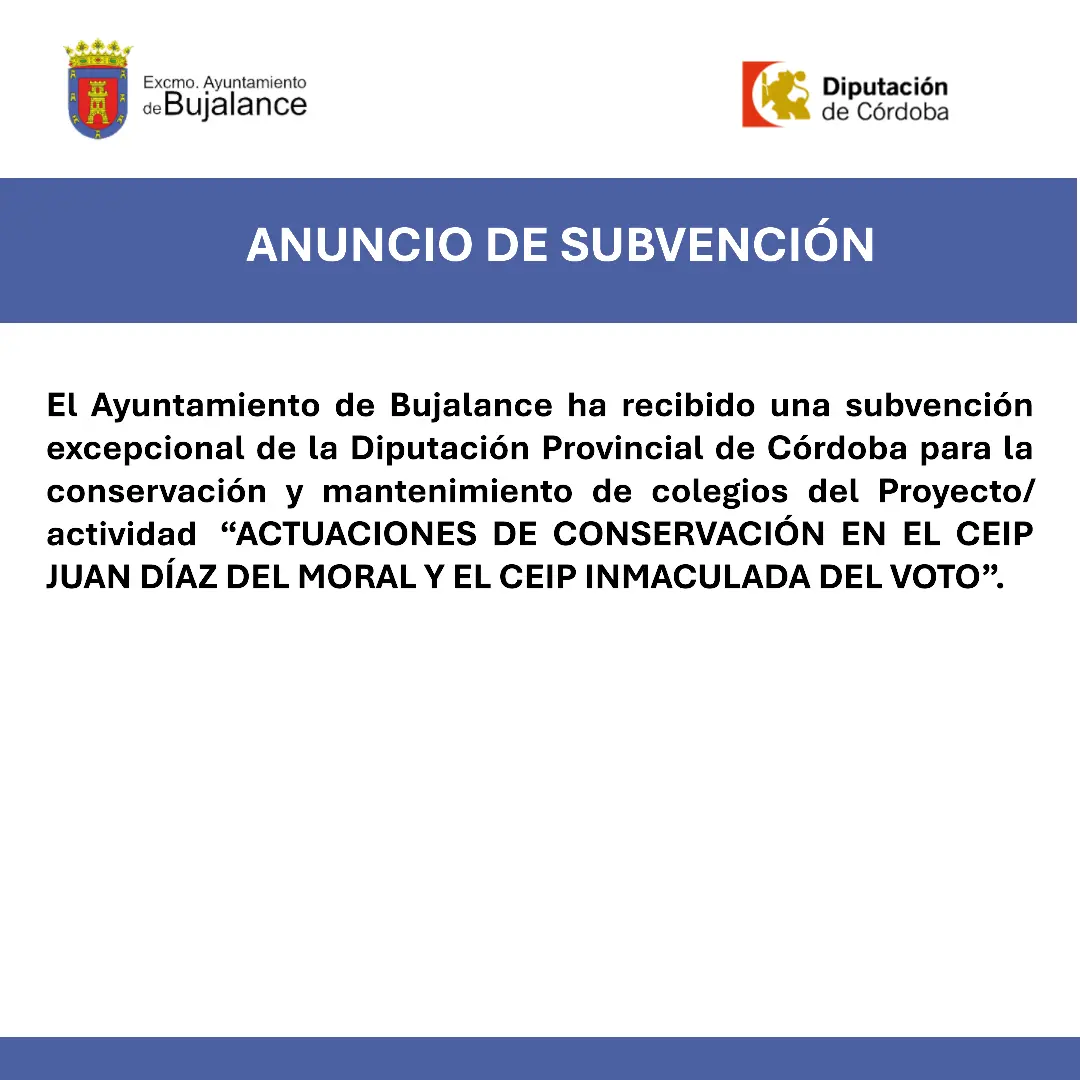 Una ayuda provincial financiará mejoras de conservación en dos colegios de Bujalance