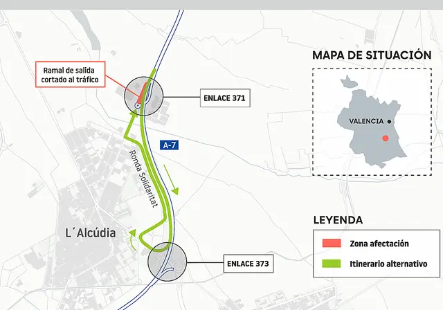 Un ramal de la A-7 hacia l'Alcúdia y Carlet estará cerrado hasta el viernes