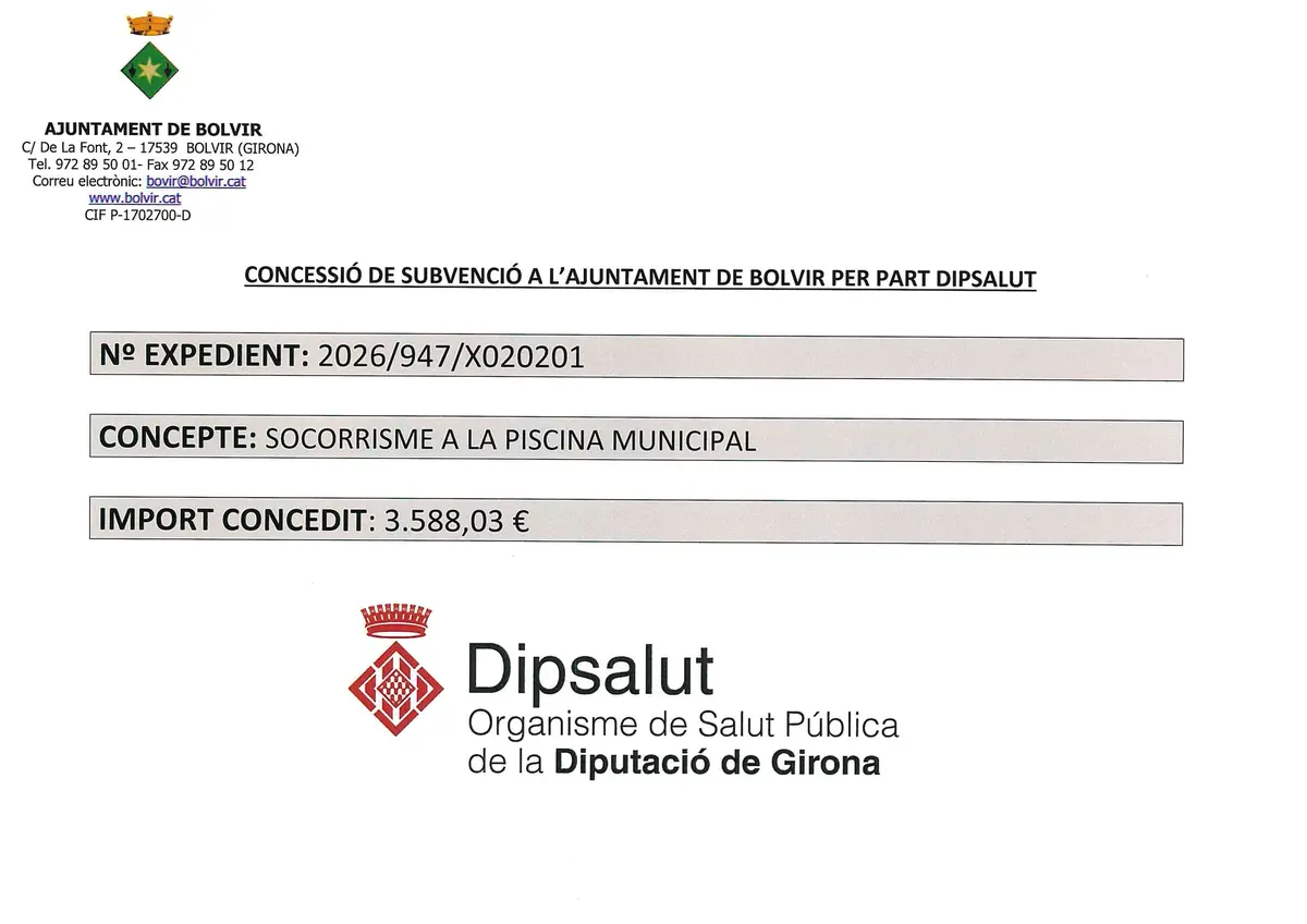 Bolvir informa de una subvención concedida por Dipsalut