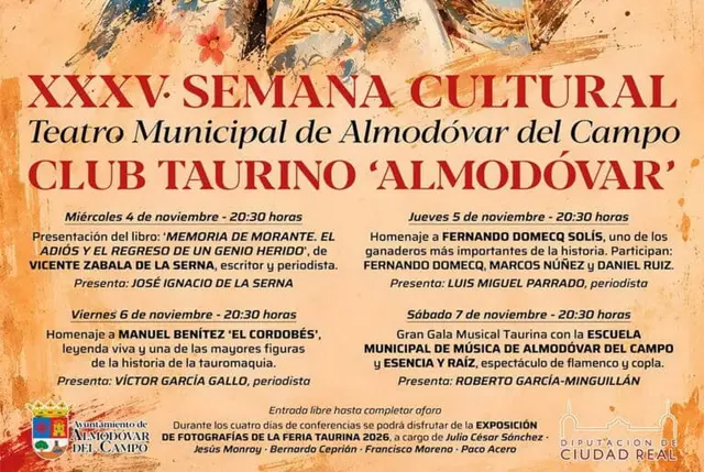 Cuatro tardes de literatura, homenajes y música en la Semana Cultural taurina de Almodóvar