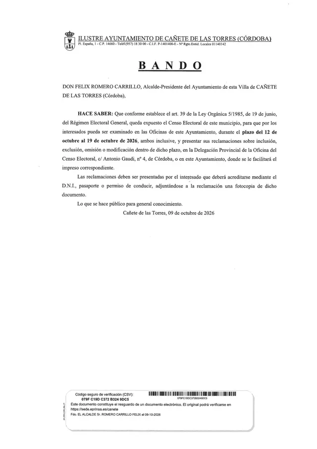 Cañete de las Torres habilita una semana para revisar el Censo Electoral