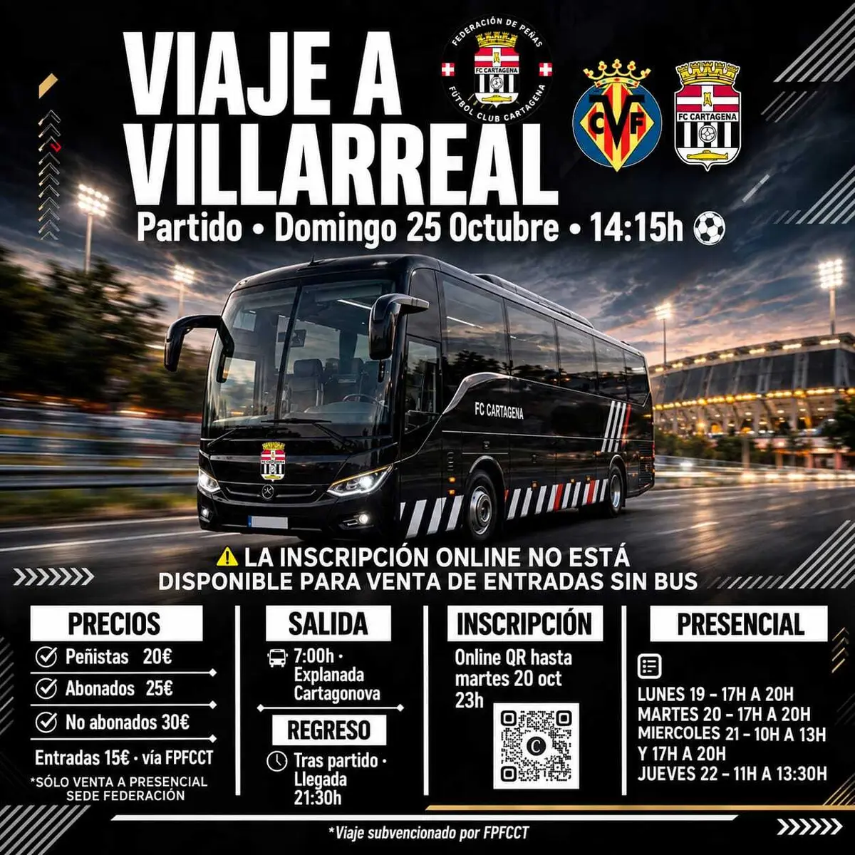Peñistas del FC Cartagena podrán viajar a Villarreal desde 20 euros