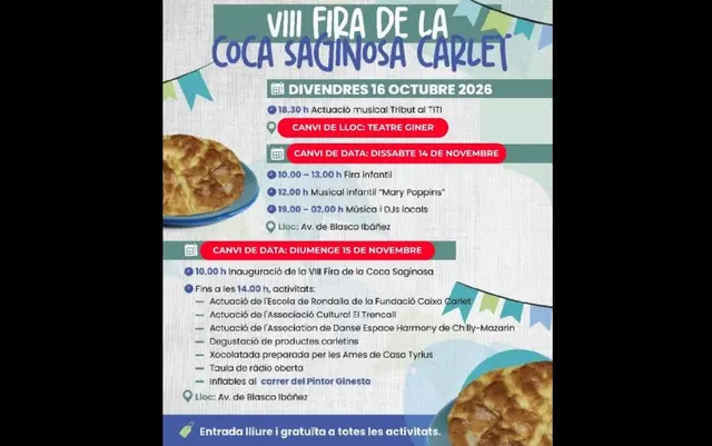 Carlet traslada a noviembre su feria de la Coca Saginosa por el tiempo