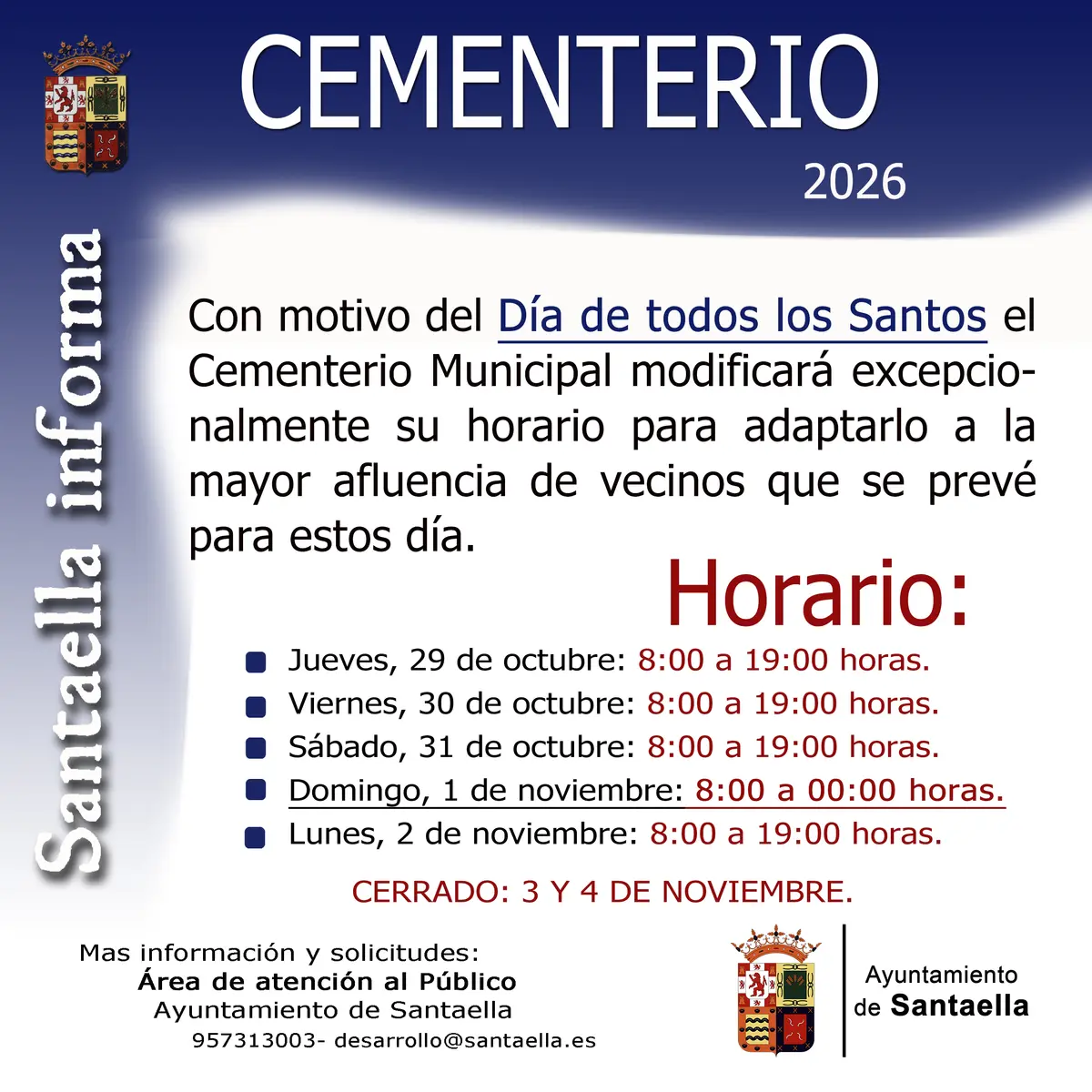 El cementerio de Santaella ajustará su horario por el Día de los Santos