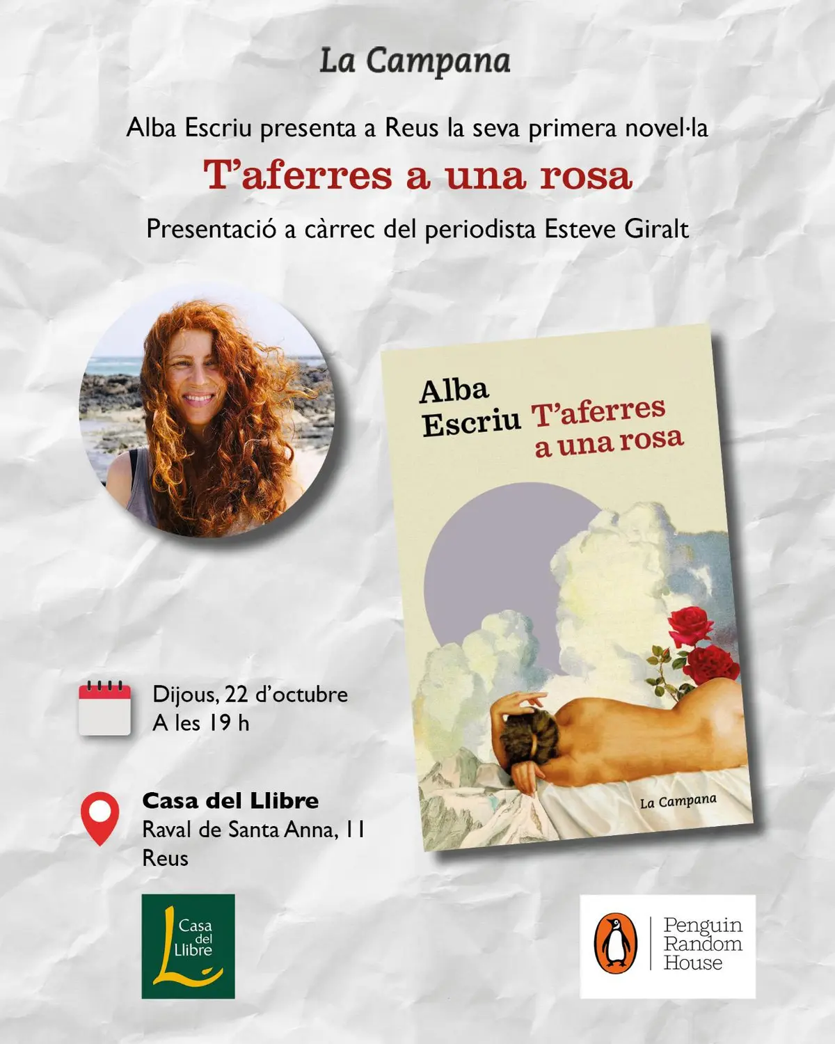 Alba Escriu presentará su novela en la Casa del Llibre de Reus