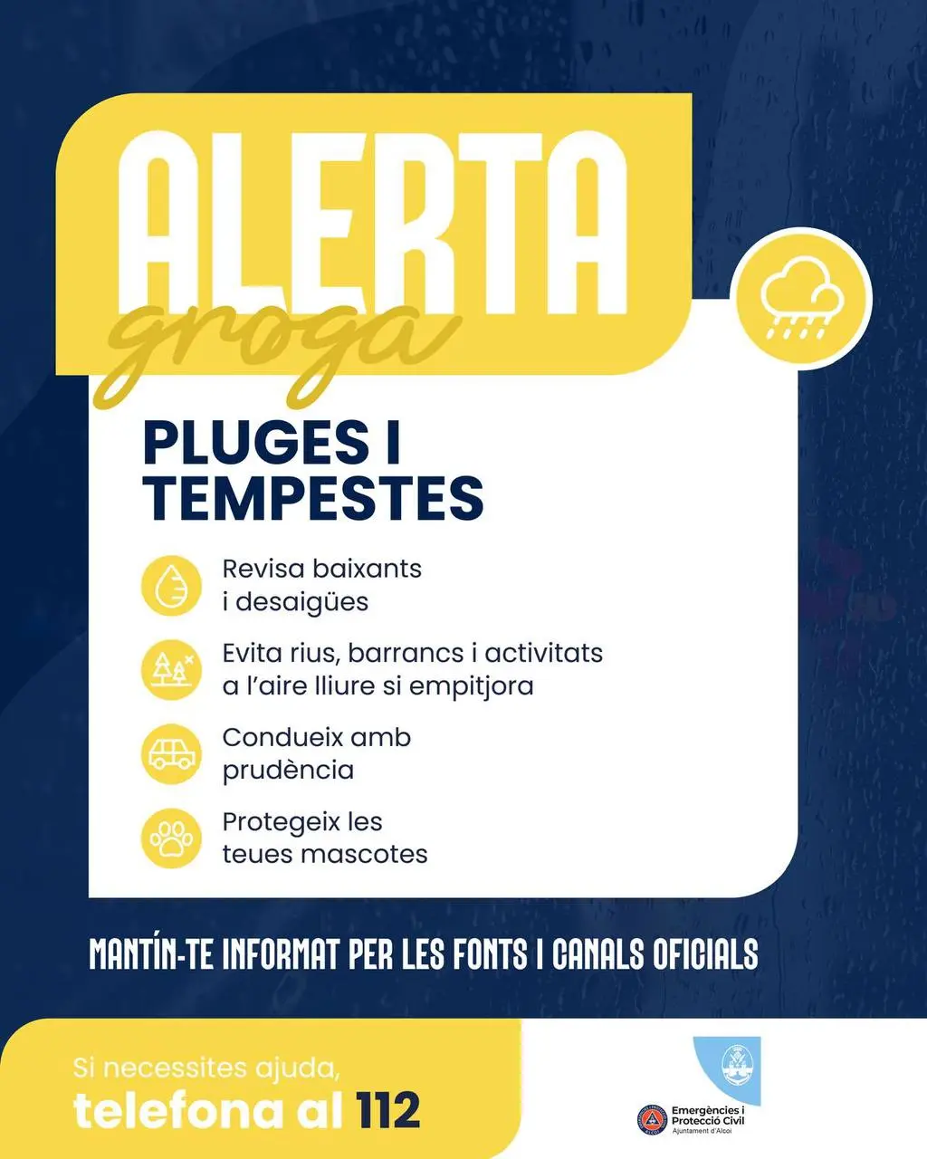 Emergencias activa el nivel amarillo por lluvias y tormentas en Alcoi